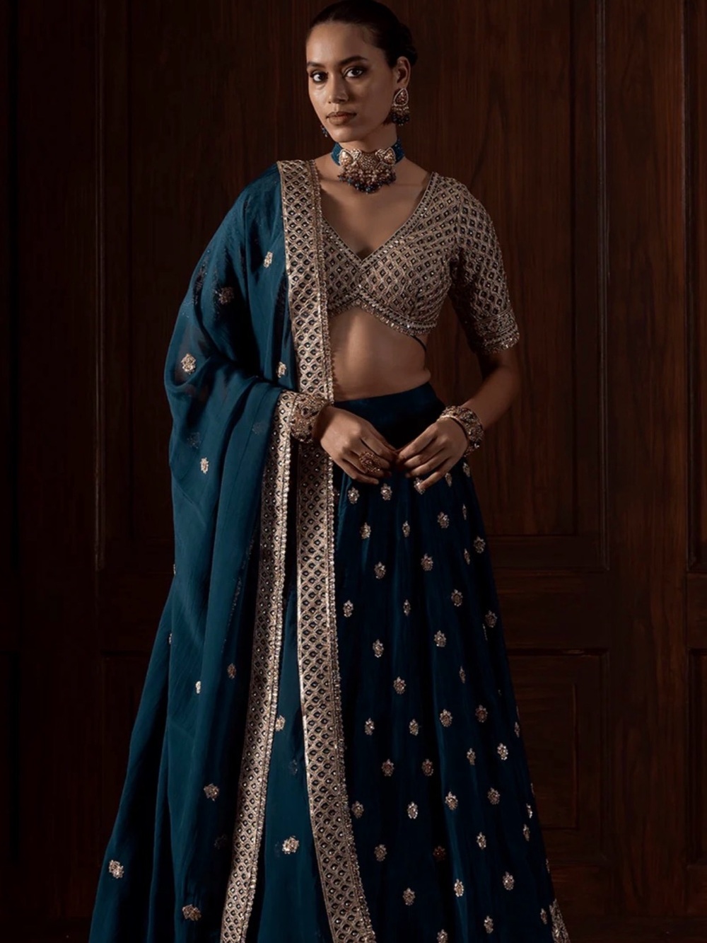 Teal Embellished Lehenga Skirt with Matching Dupatta